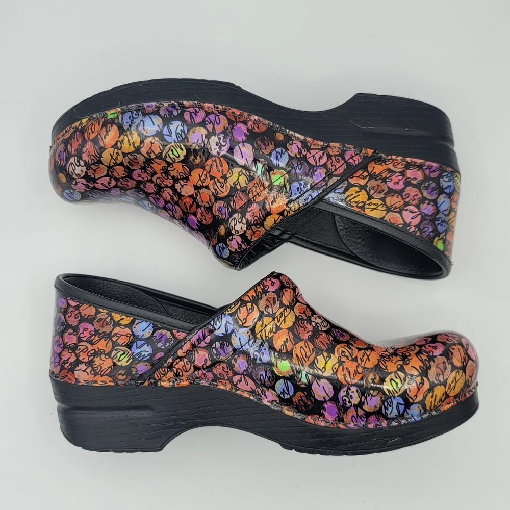 Dansko Viola Multicolor Dot/Cursive Slip On Nurse Clogs Women EU 40 US 9.5 - 10 - Picture 6 of 11